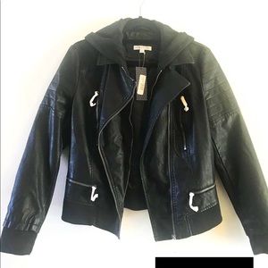 Black faux leather jacket with hood